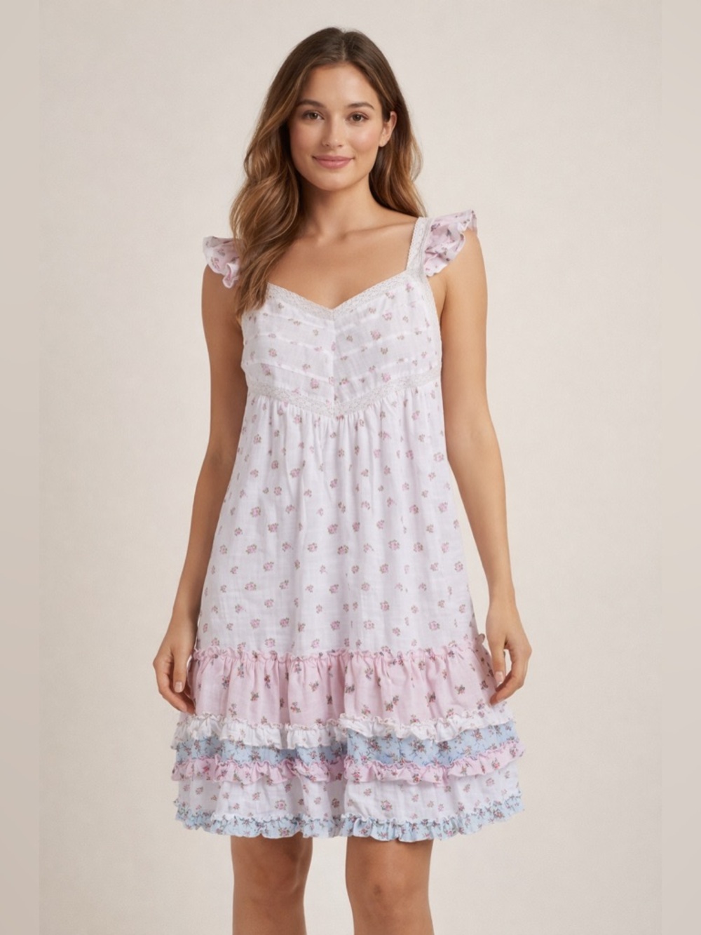 Envogue White Nightdress with Pink Floral Print